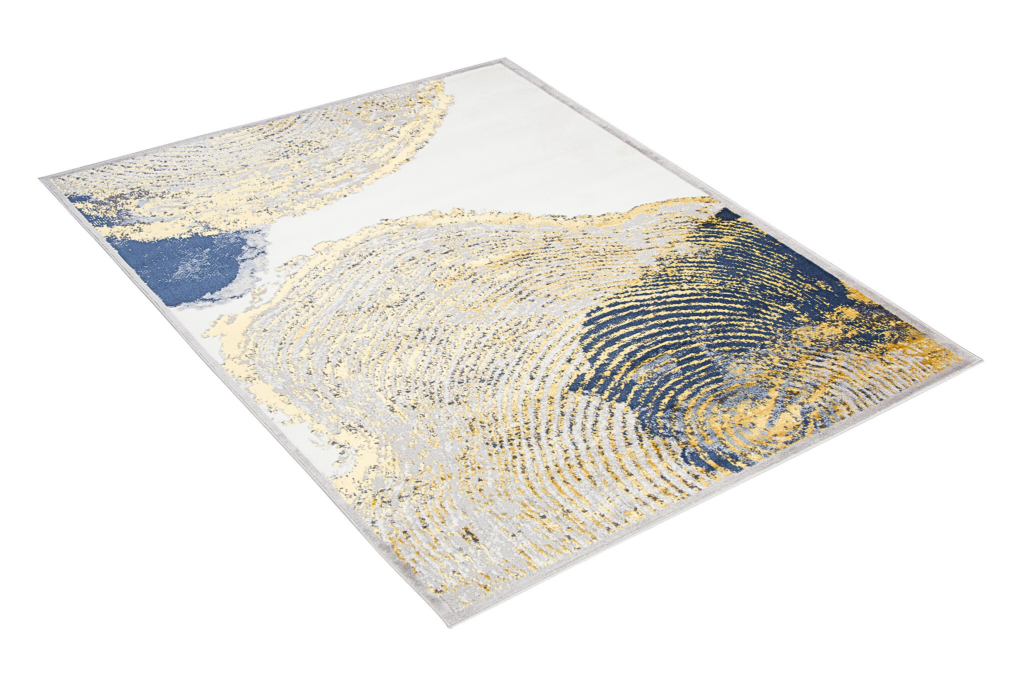 Tapis Shine Crème Or Bleu Abstrait Effet 3D