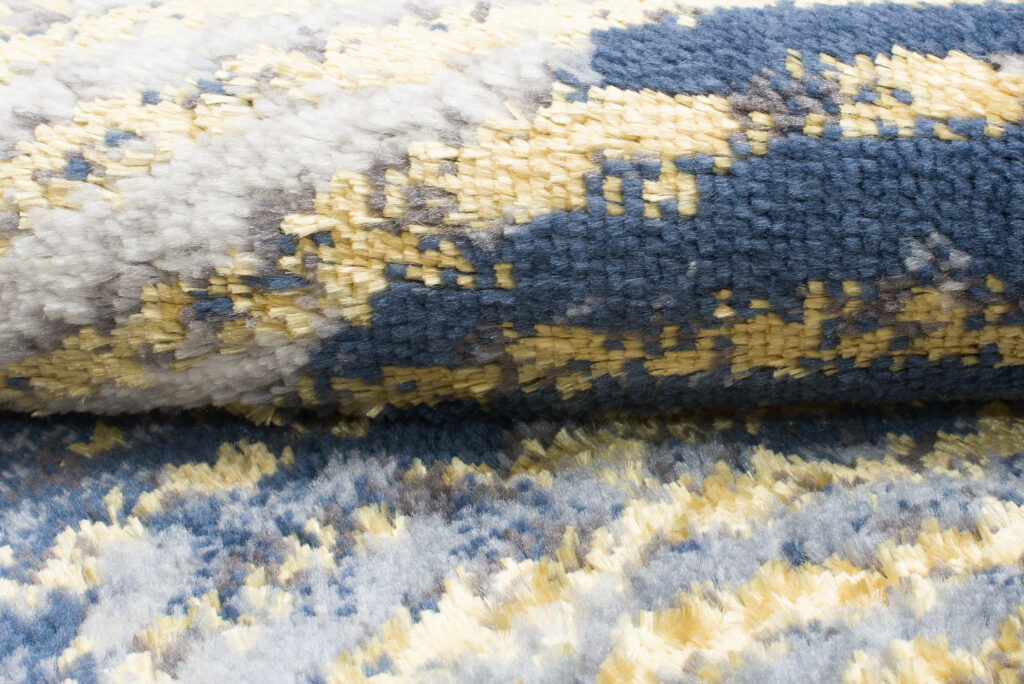 Tapis Shine Crème Or Bleu Abstrait Effet 3D