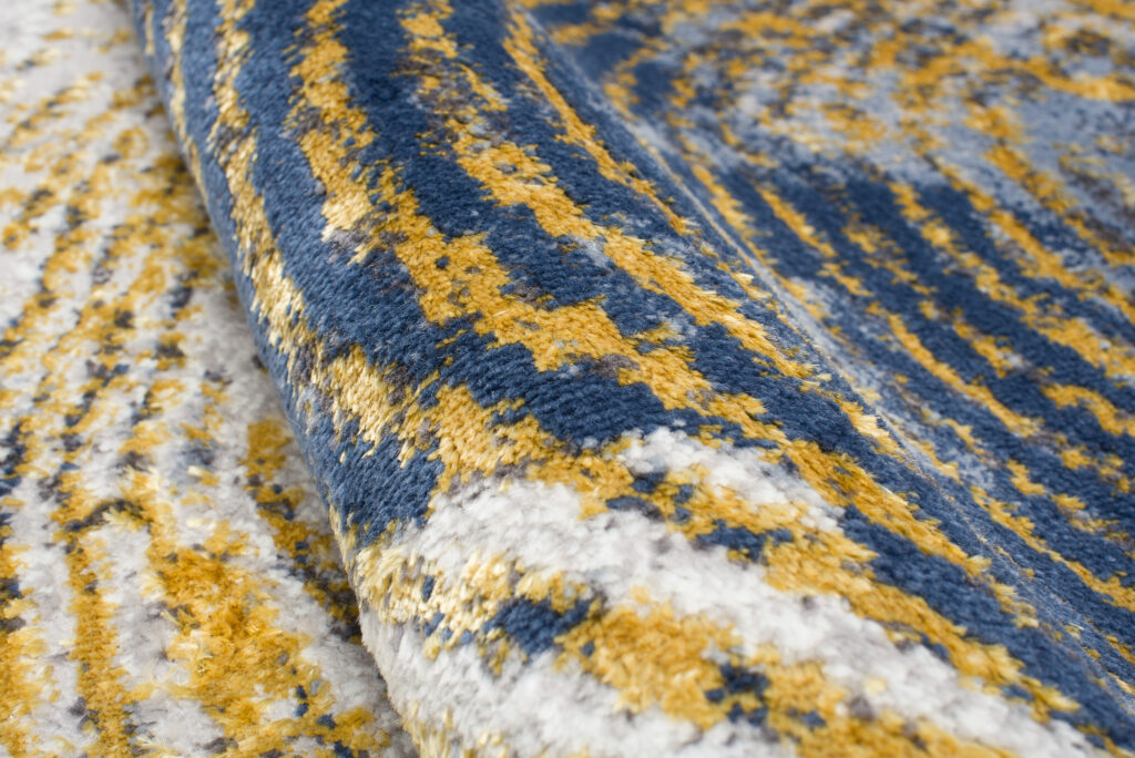 Tapis Shine Crème Or Bleu Abstrait Effet 3D