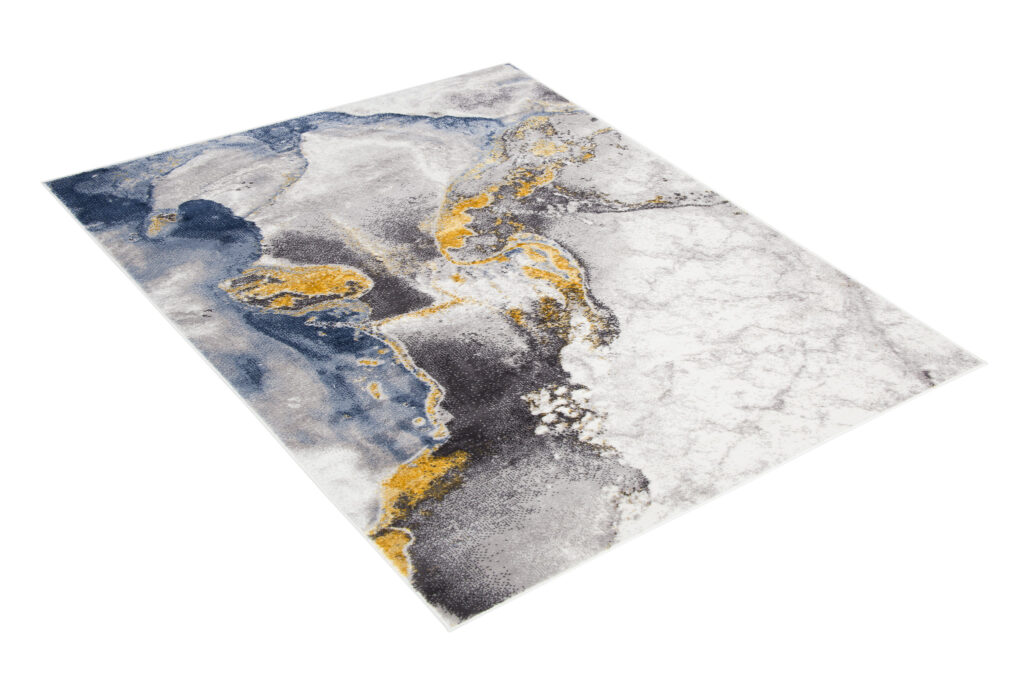 Tapis Shine Crème Gris Bleu Or Marbre Effet 3D