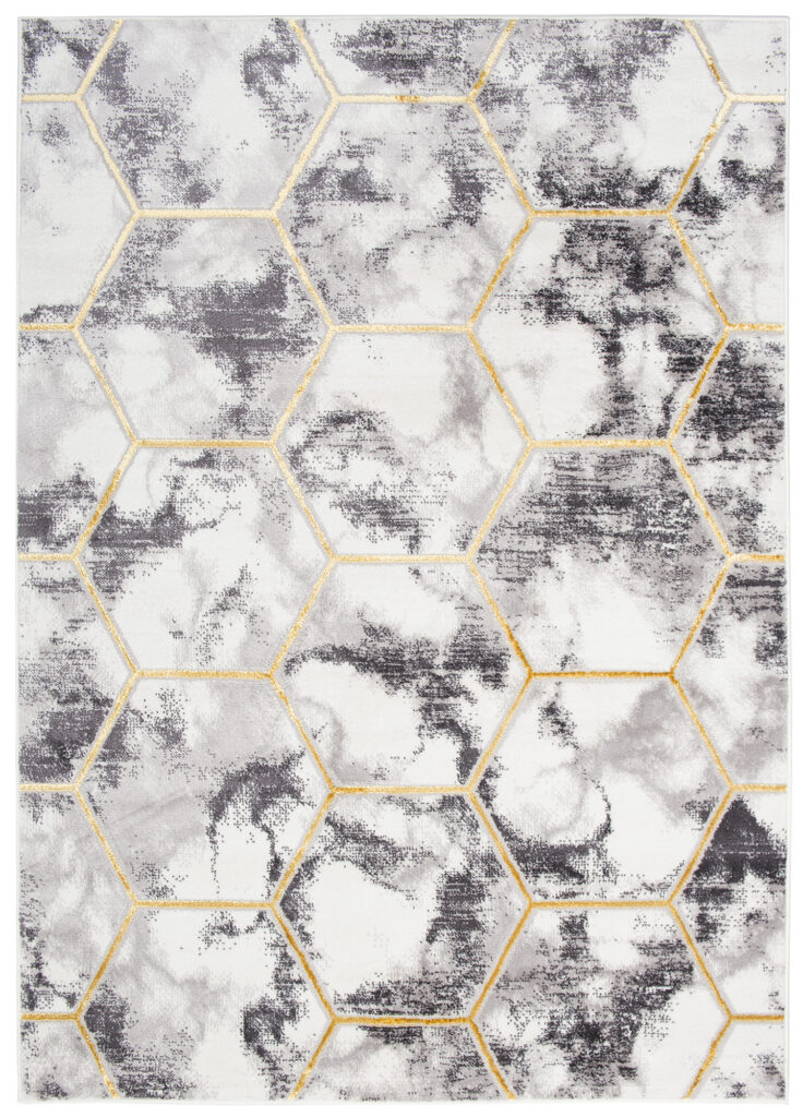 Tapis Shine Gris Or Hexagone Géométrique Effet 3D