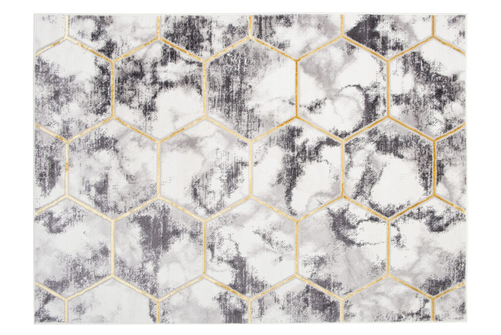 Tapis Shine Gris Or Hexagone Géométrique Effet 3D