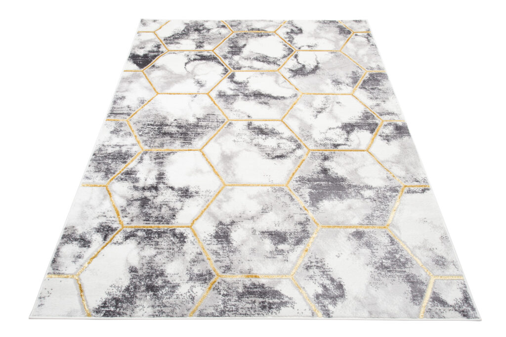 Tapis Shine Gris Or Hexagone Géométrique Effet 3D