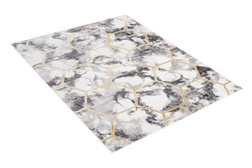 Tapis Shine Gris Or Hexagone Géométrique Effet 3D