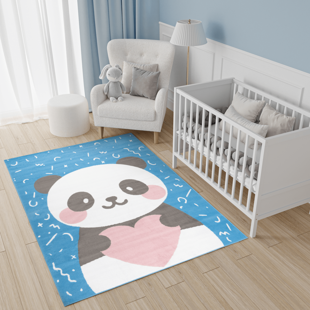 Tapis Enfant Jolly Jeu Panda Bleu Blanc Rose Doux Résistant Fin