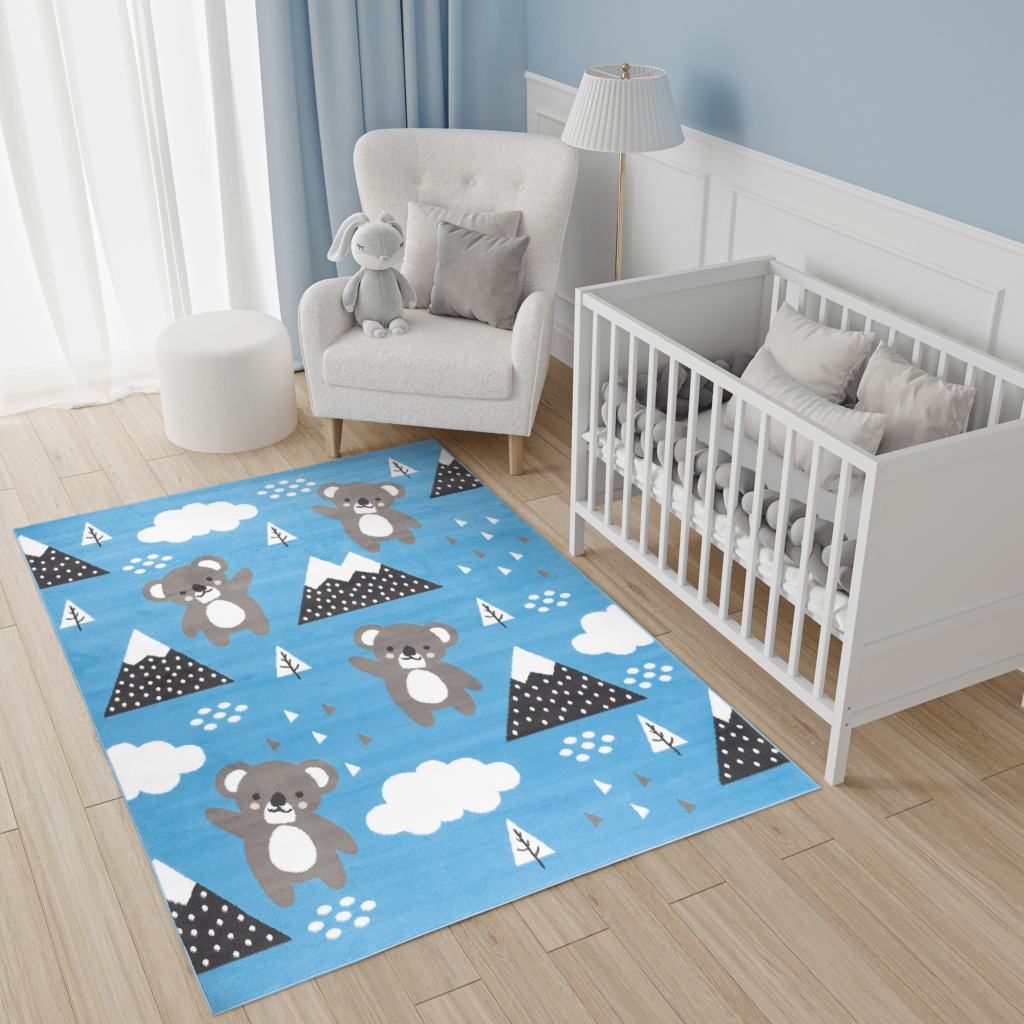 Tapis Enfant Jolly Jeu Koala Bleu Gris Blanc Doux Fin Résistant