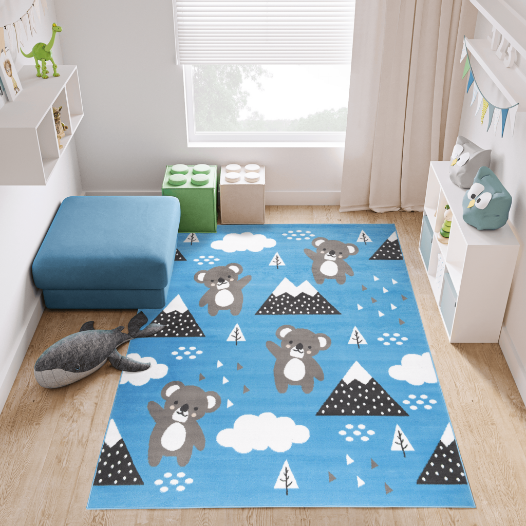 Tapis Enfant Jolly Jeu Koala Bleu Gris Blanc Doux Fin Résistant