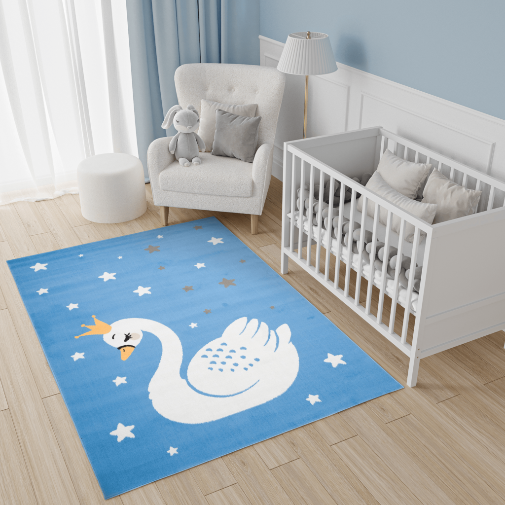 Tapis Enfant Jolly Bleu Blanc Jaune Gris Cygne Fin Doux