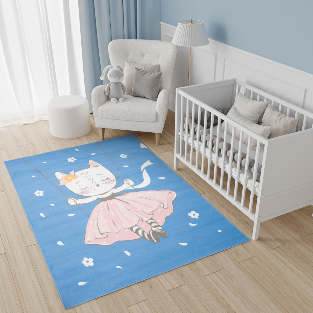 Tapis Enfant Jolly Bleu Rose Blanc Chaton Fin Doux