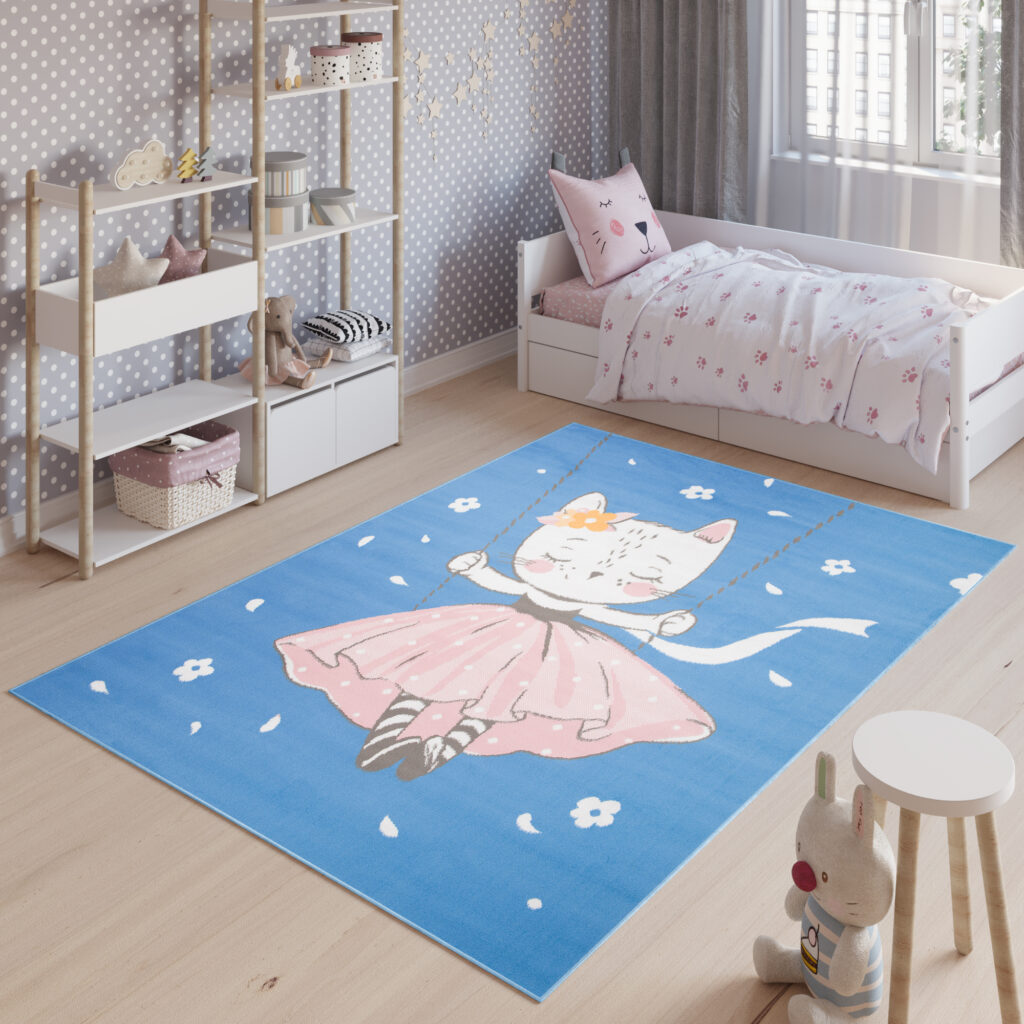 Tapis Enfant Jolly Bleu Rose Blanc Chaton Fin Doux