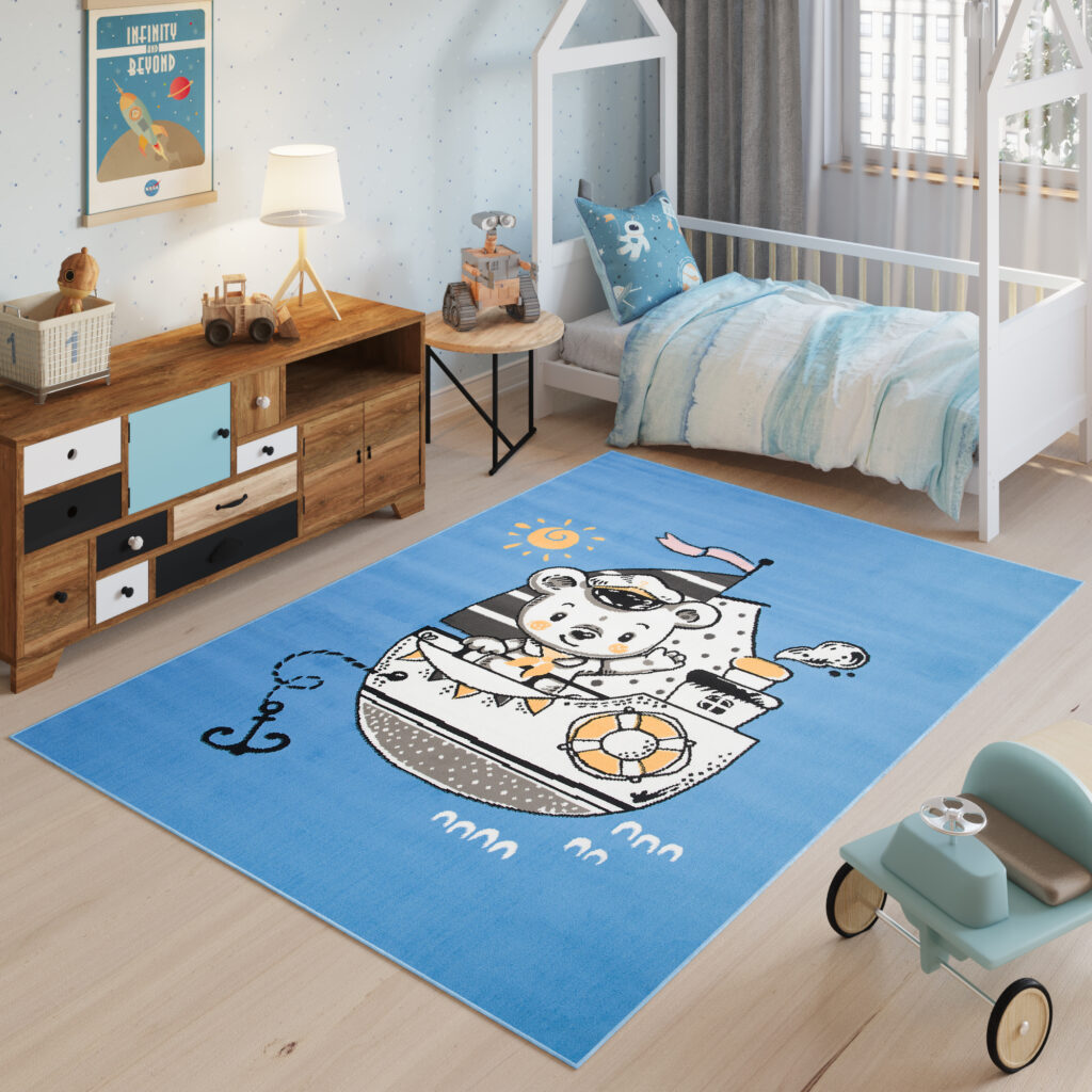 Tapis Enfant Jolly Bleu Jaune Ourson Bateau Fin Doux