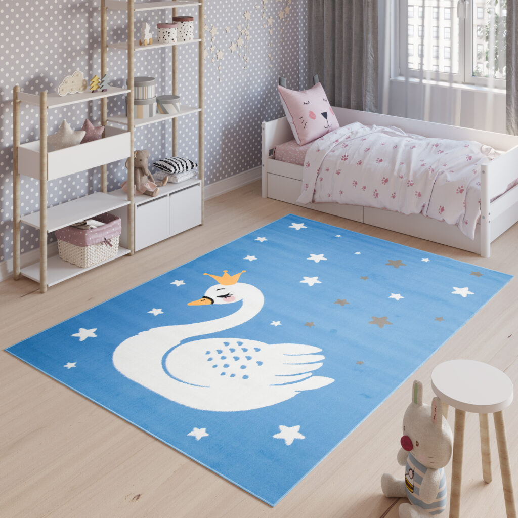 Tapis Enfant Jolly Bleu Blanc Jaune Gris Cygne Fin Doux