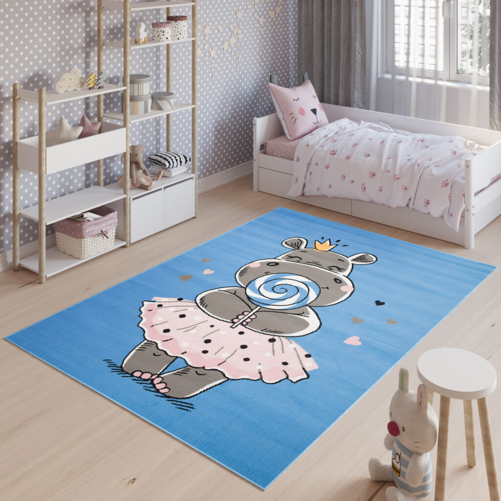 Tapis Enfant Jolly Bleu Gris Rose Hippopotame Fin Doux
