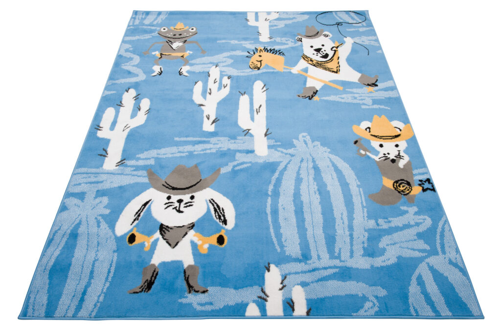 Tapis Enfant Jolly Bleu Gris Blanc Animaux Fin Doux