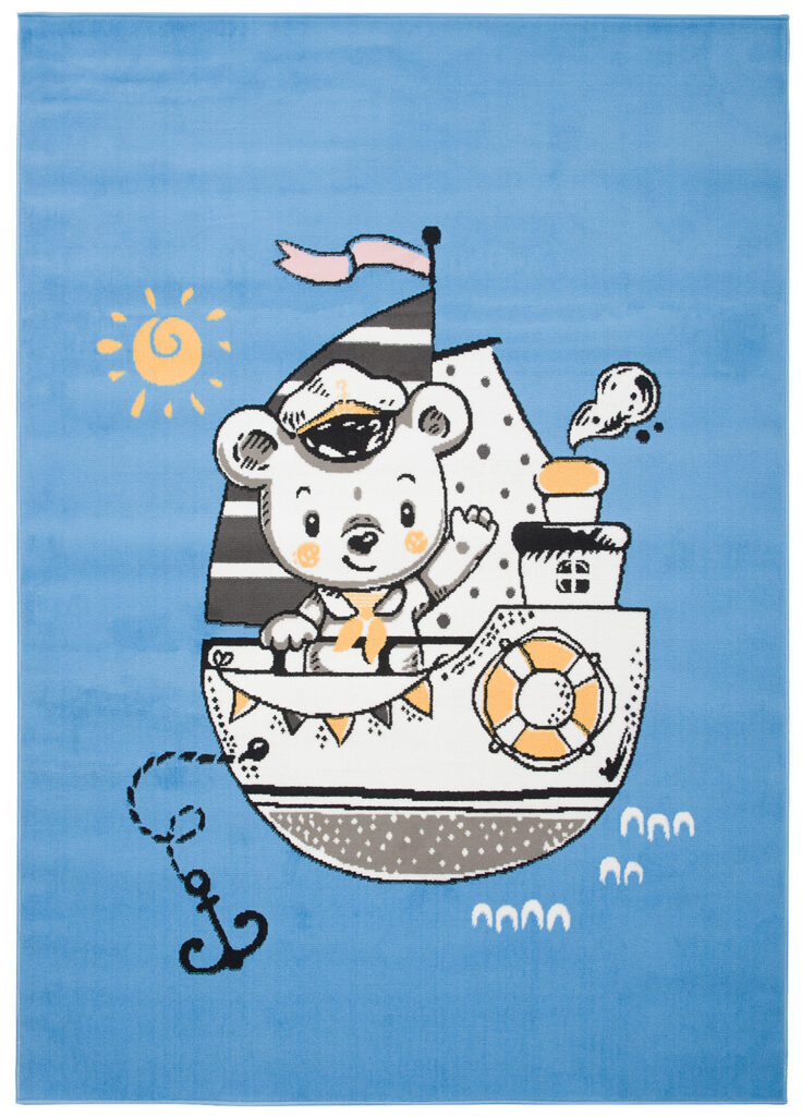Tapis Enfant Jolly Bleu Jaune Ourson Bateau Fin Doux