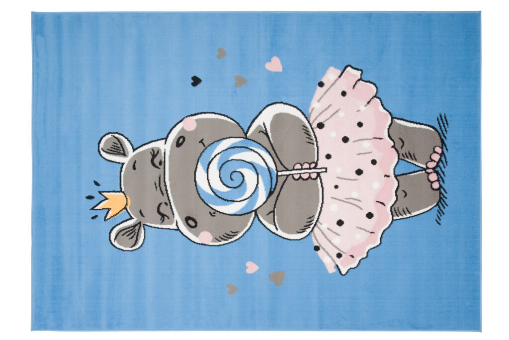 Tapis Enfant Jolly Bleu Gris Rose Hippopotame Fin Doux
