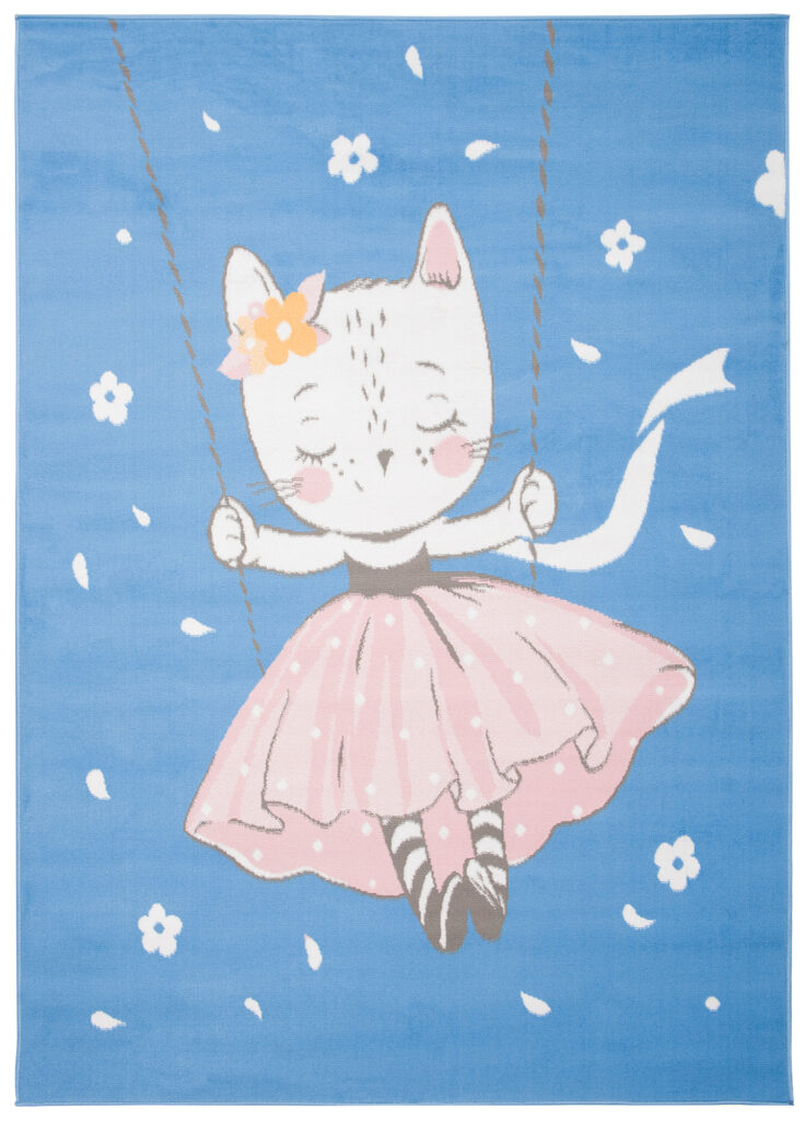 Tapis Enfant Jolly Bleu Rose Blanc Chaton Fin Doux