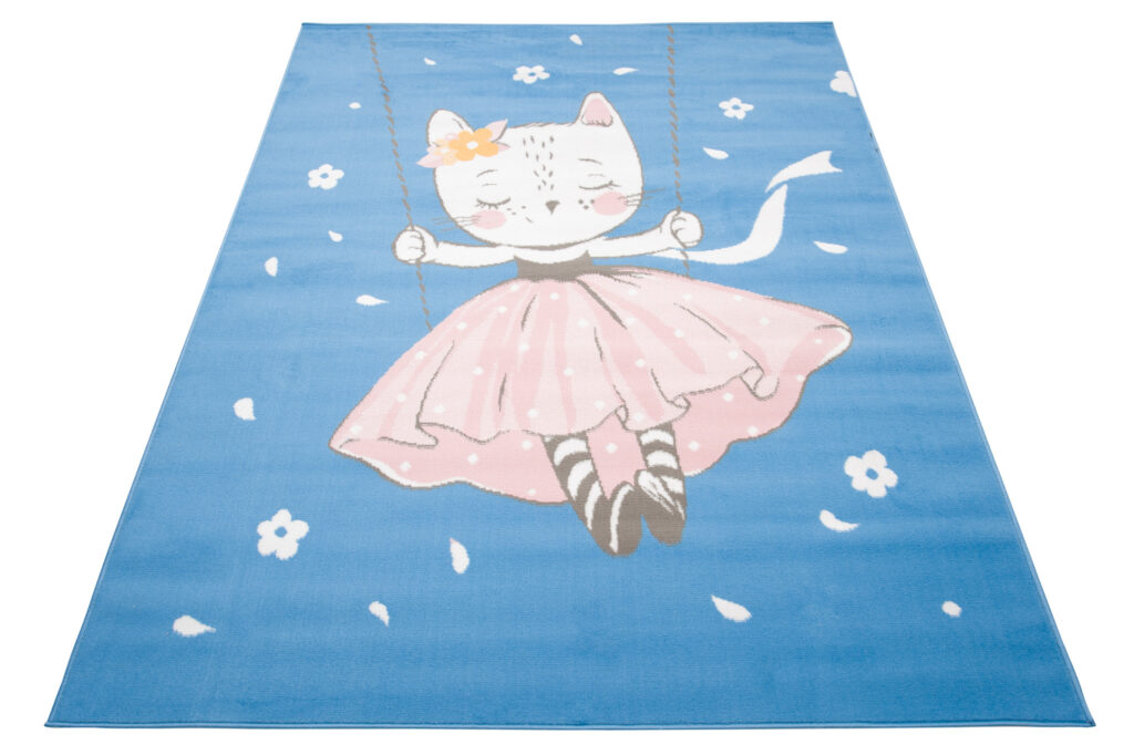 Tapis Enfant Jolly Bleu Rose Blanc Chaton Fin Doux
