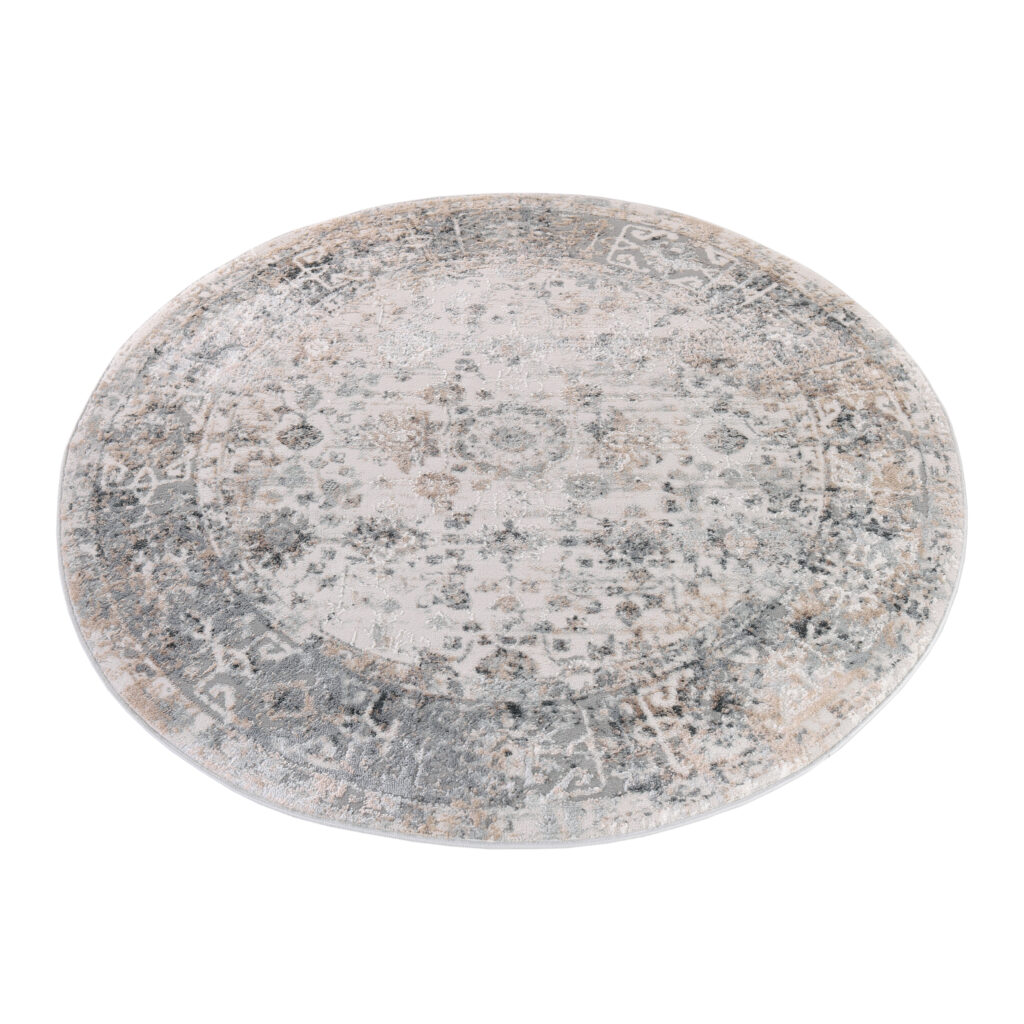 Tapis Valley Rond Gris Beige Ornamental Bordure
