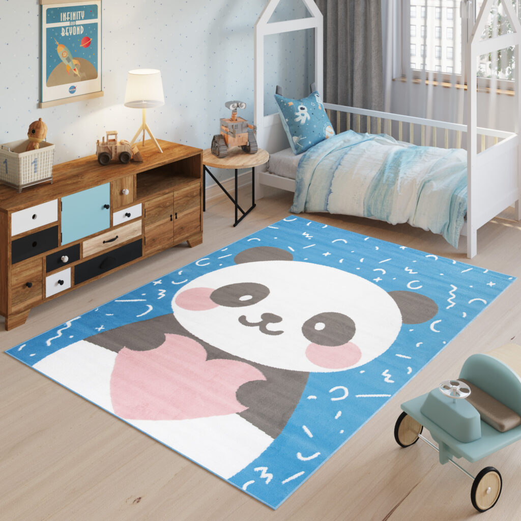 Tapis Enfant Jolly Jeu Panda Bleu Blanc Rose Doux Résistant Fin