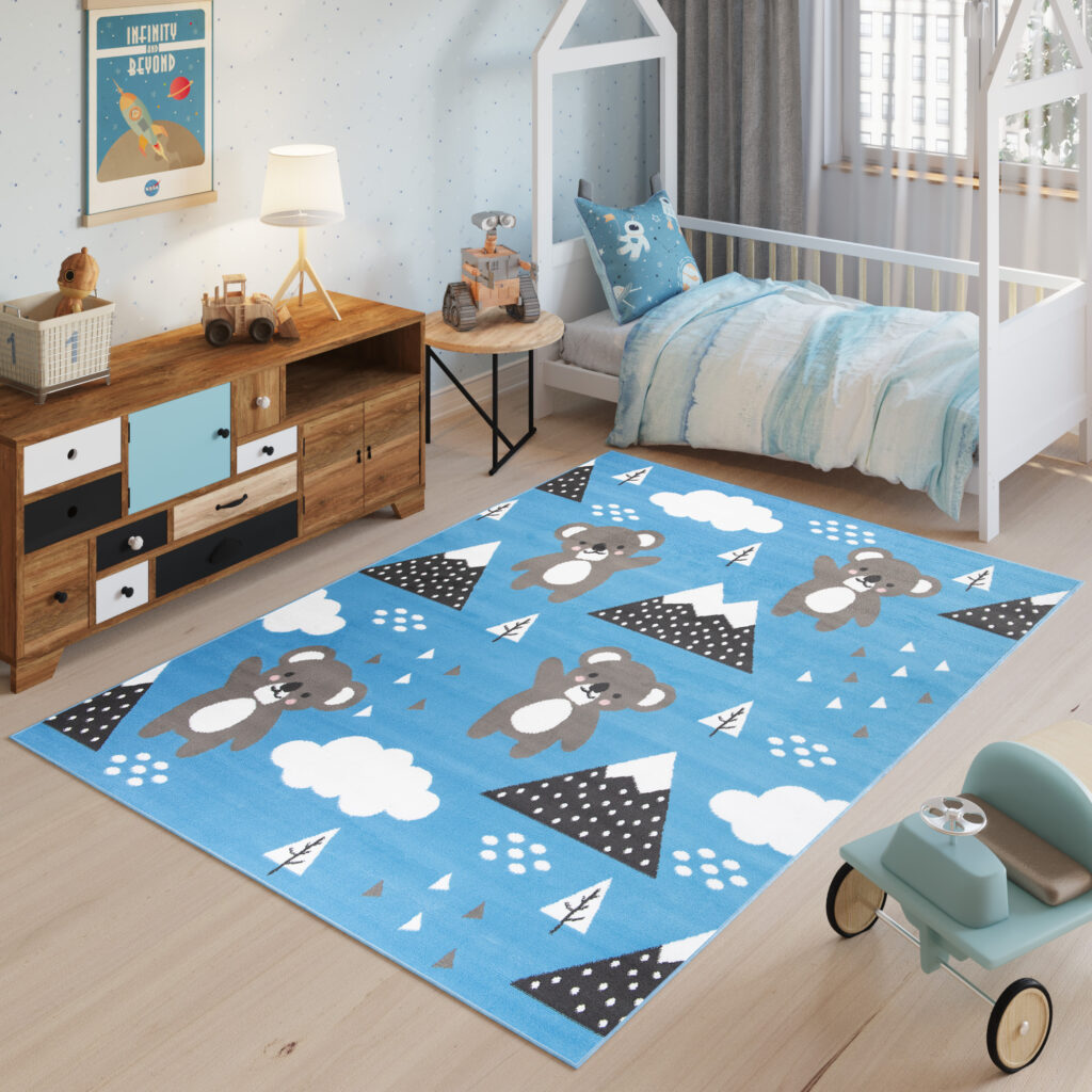 Tapis Enfant Jolly Jeu Koala Bleu Gris Blanc Doux Fin Résistant