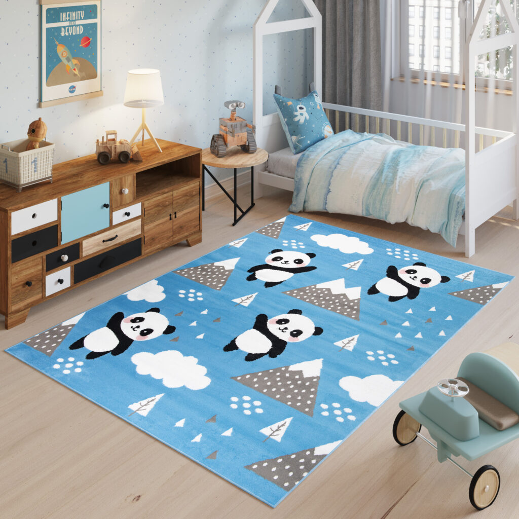 Tapis Enfant Jolly Jeu Panda Bleu Noir Blanc Fin Doux Résistant