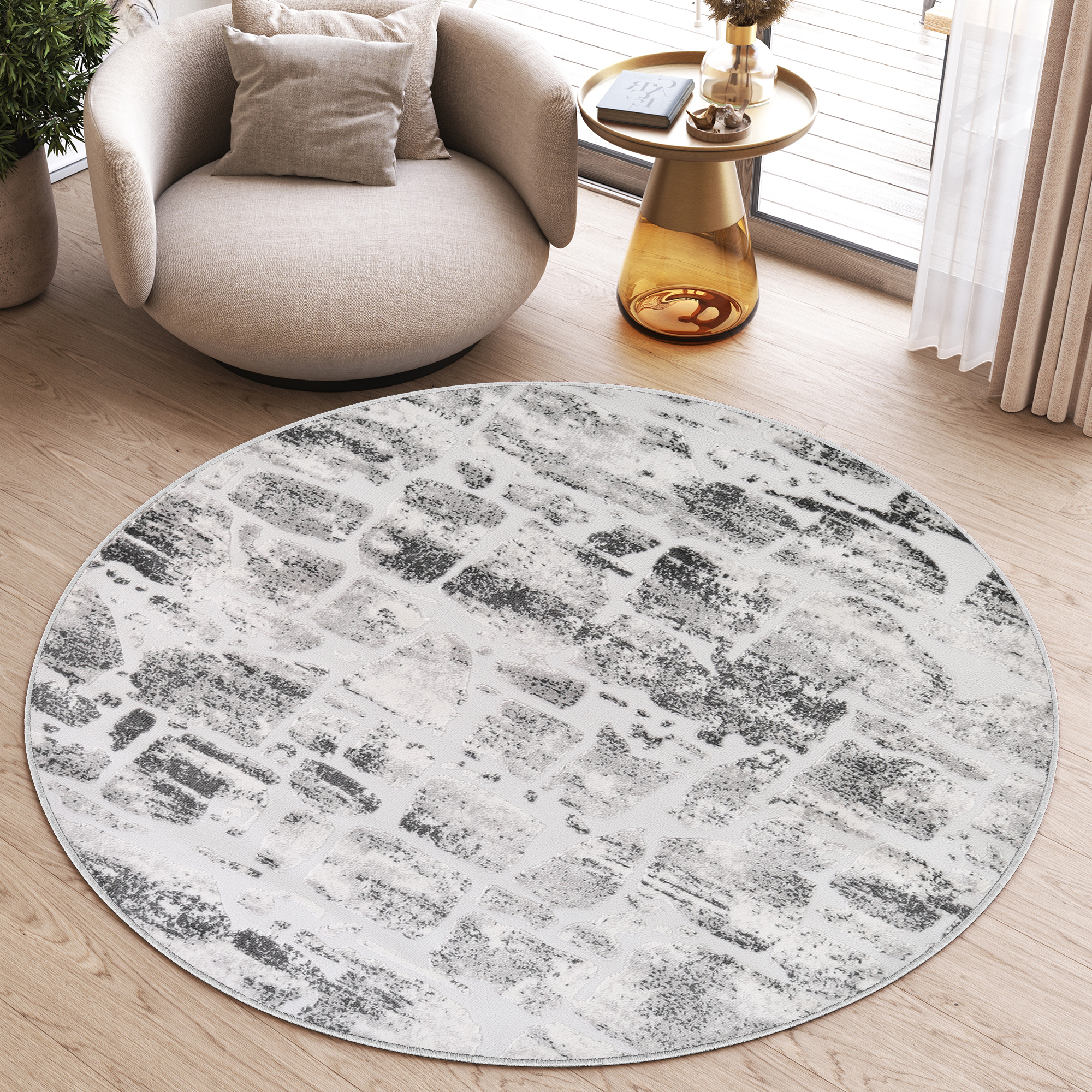 Tapis Sky Rond Gris Beige Abstrait Rayures