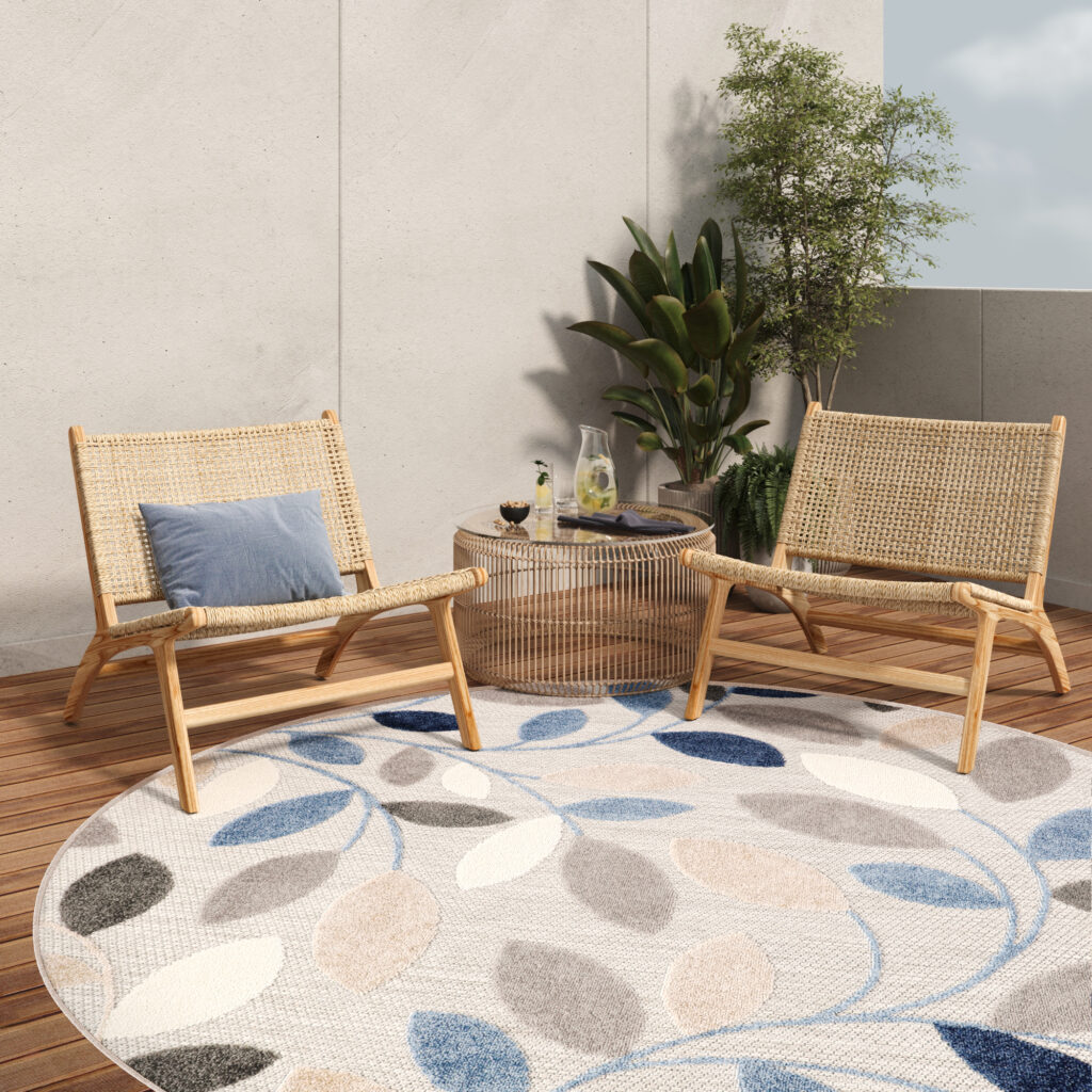 Tapis Extérieur Patio Rond Gris Bleu Feuilles
