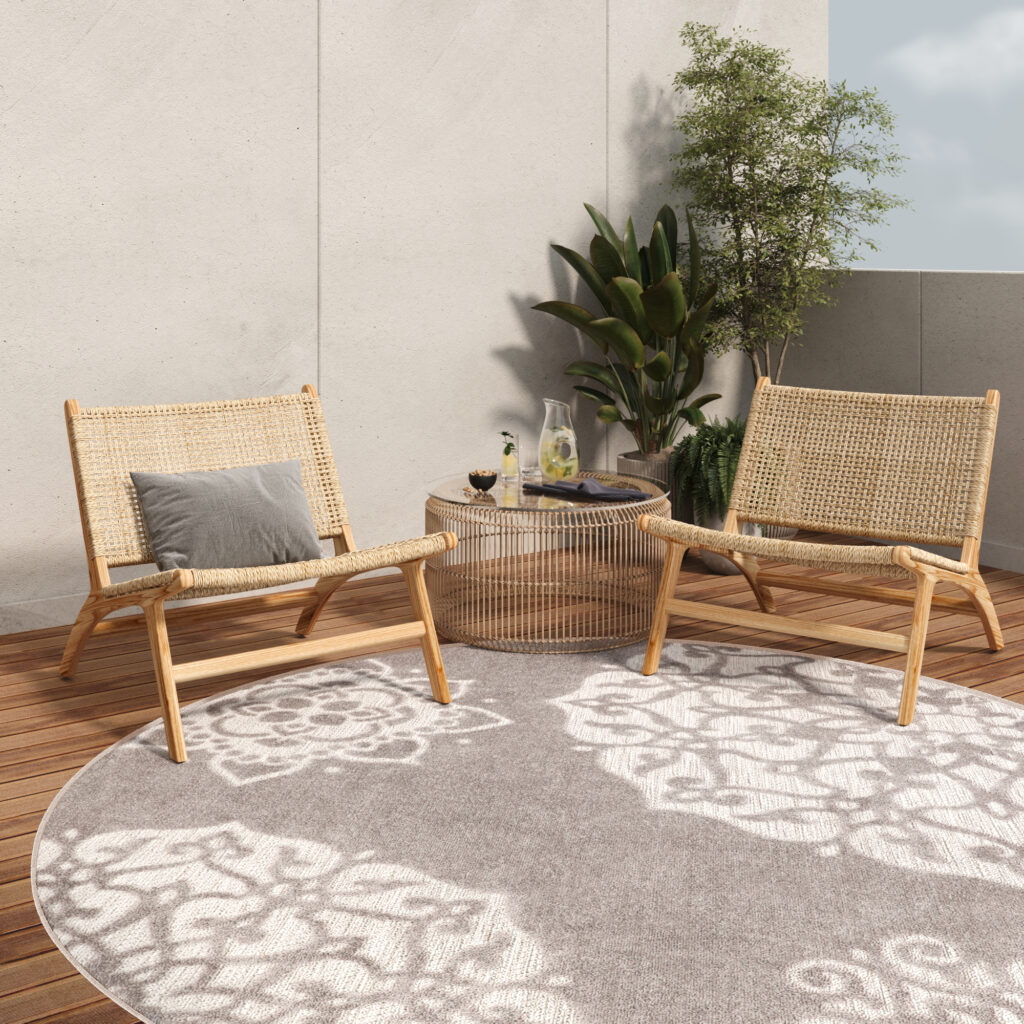 Tapis Extérieur Patio Rond Gris Ornamental