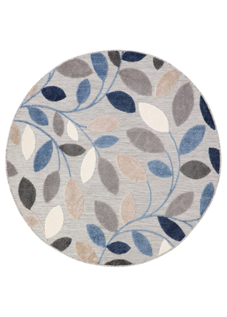 Tapis Extérieur Patio Rond Gris Bleu Feuilles