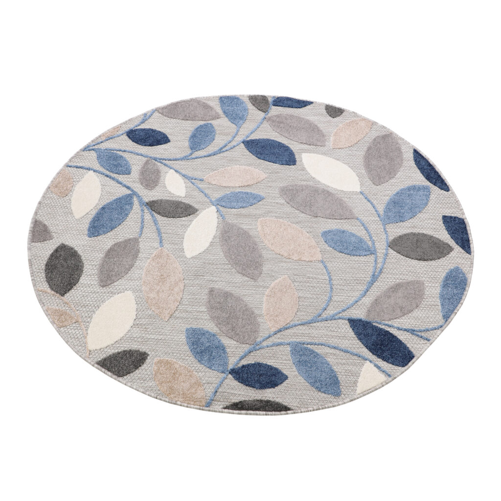 Tapis Extérieur Patio Rond Gris Bleu Feuilles