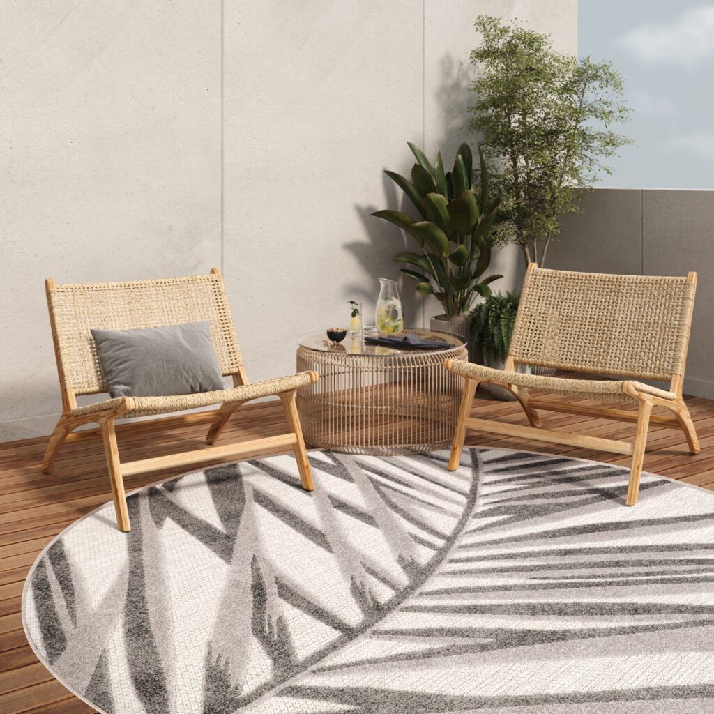 Tapis Extérieur Patio Rond Gris Beige Feuilles