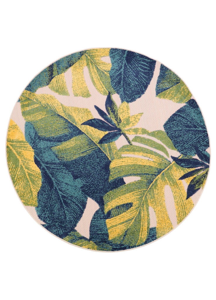 Tapis Extérieur Patio Rond Crème Feuilles Palmiers