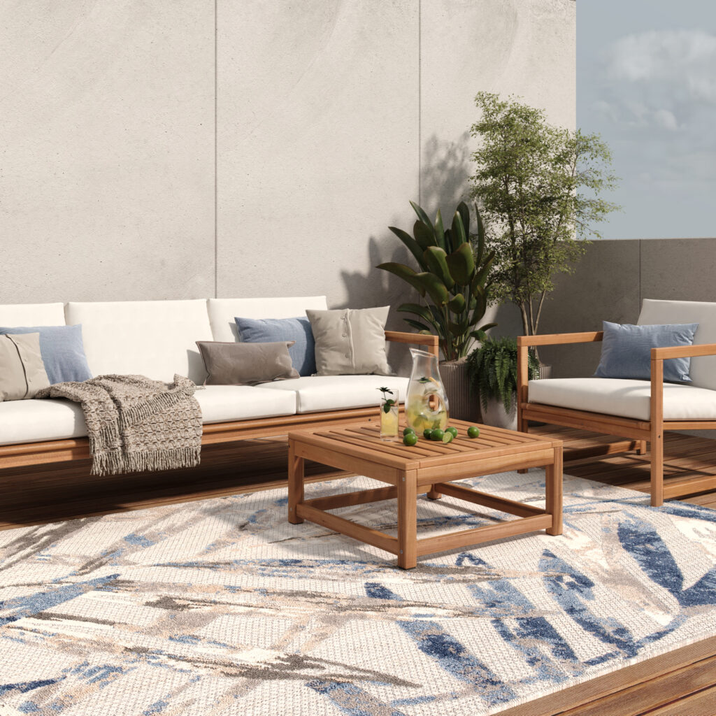 Tapis Extérieur Patio Gris Bleu Feuilles