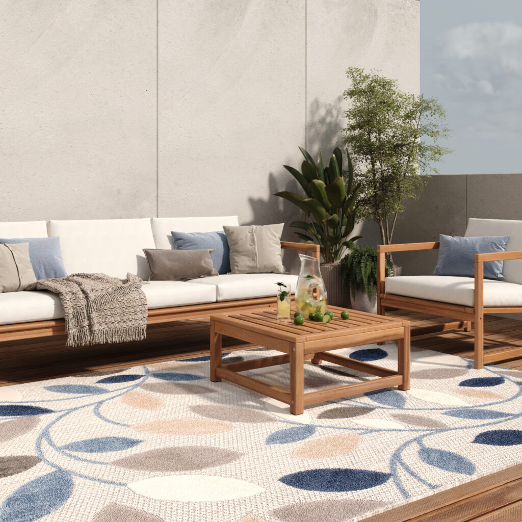 Tapis Extérieur Patio Gris Bleu Feuilles