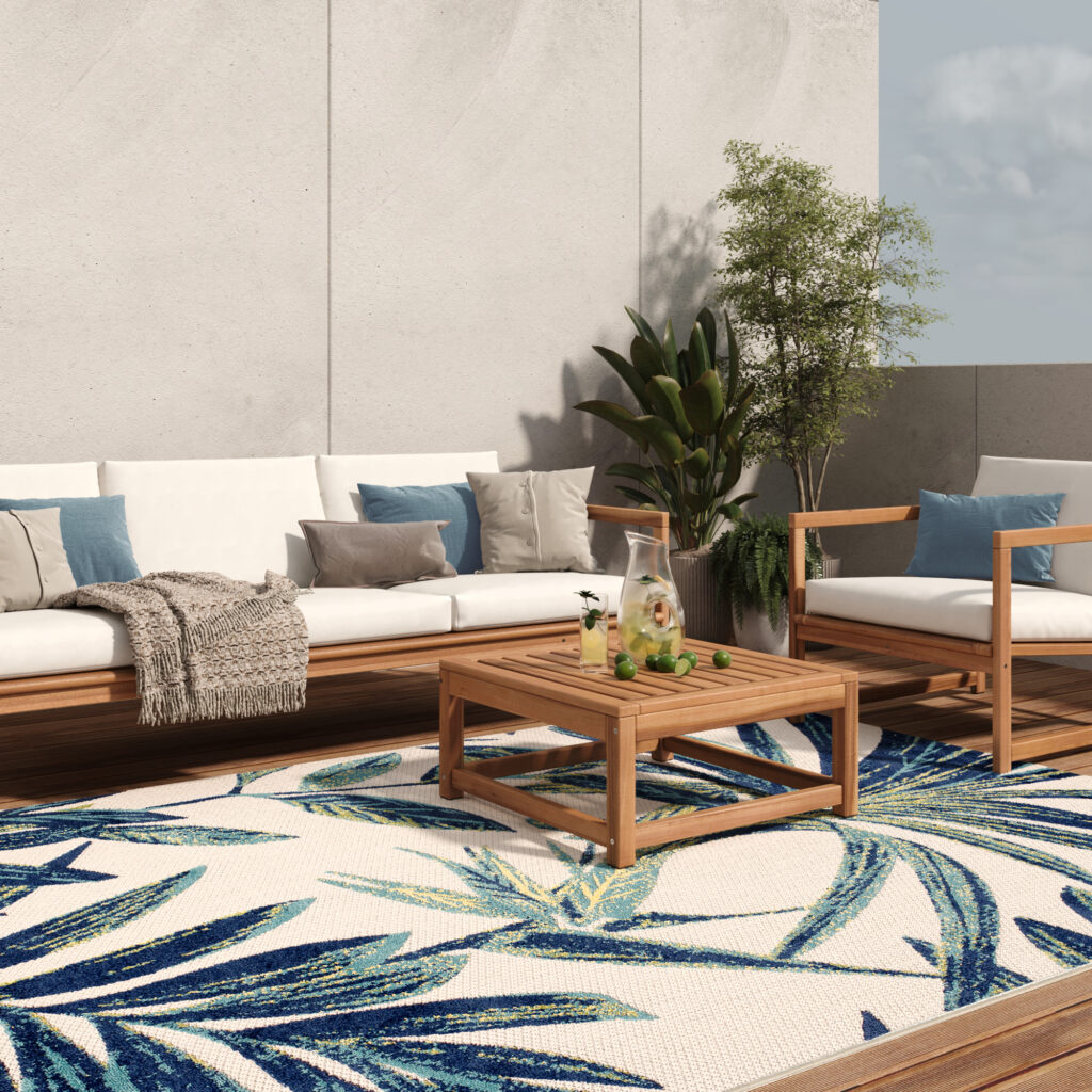Tapis Extérieur Patio Crème Bleu Feuilles