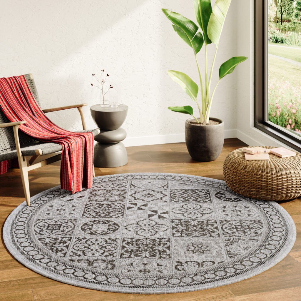 Tapis Melissa Rond Gris Noir Mosaïque Intérieur Extérieur