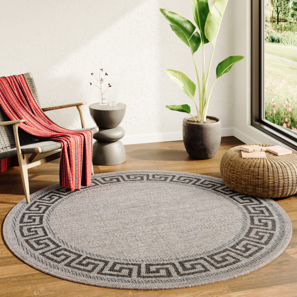 Tapis Melissa Rond Marron Noir ZigZag Intérieur Extérieur