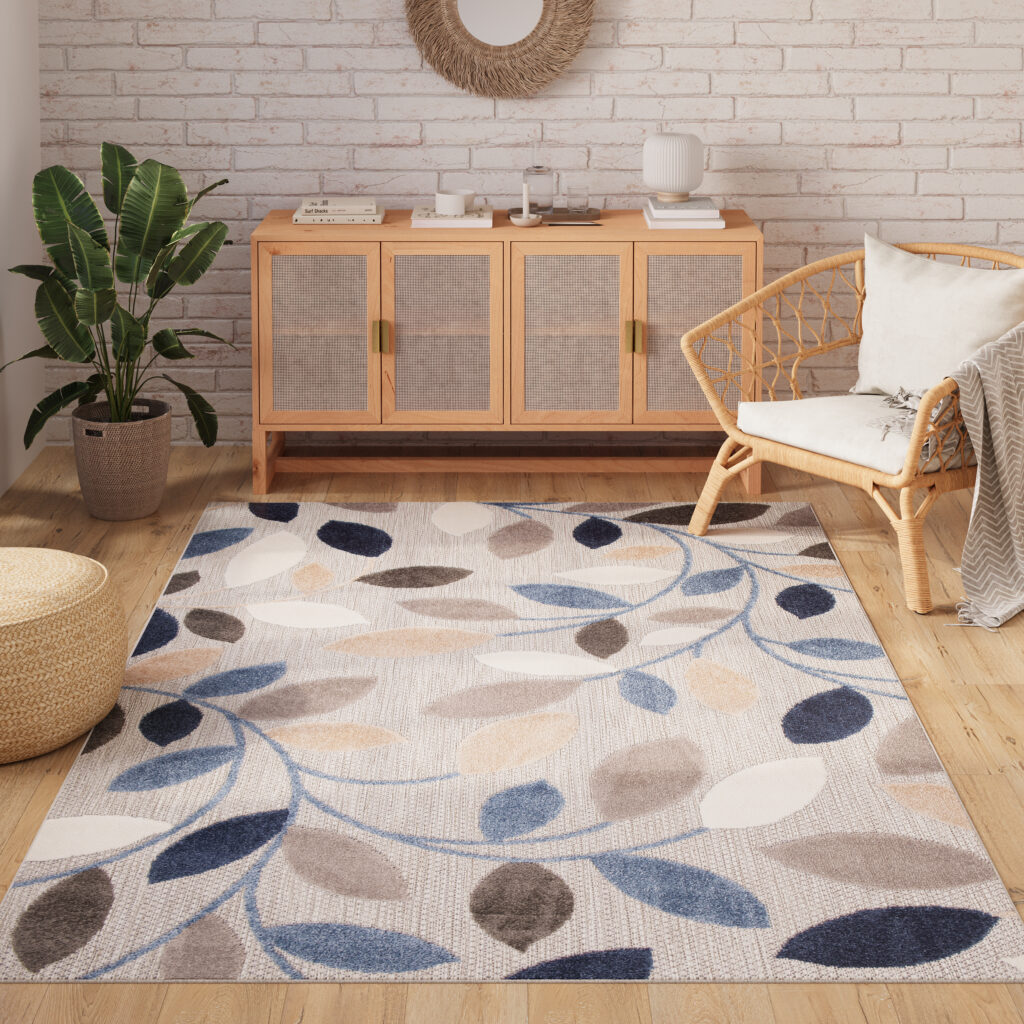 Tapis Extérieur Patio Gris Bleu Feuilles