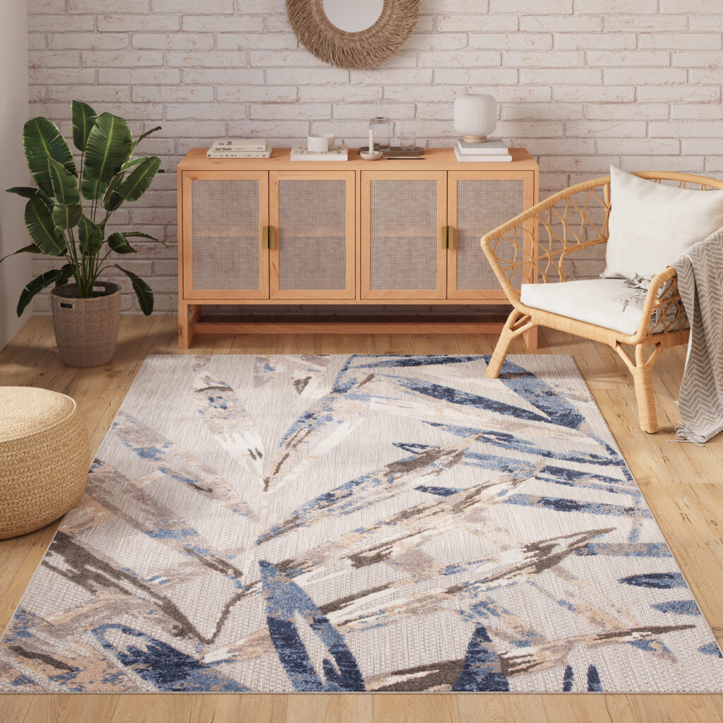Tapis Extérieur Patio Gris Bleu Feuilles