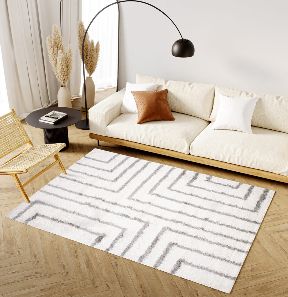 Tapis Evra Shaggy Crème Gris Géométrique Moelleux