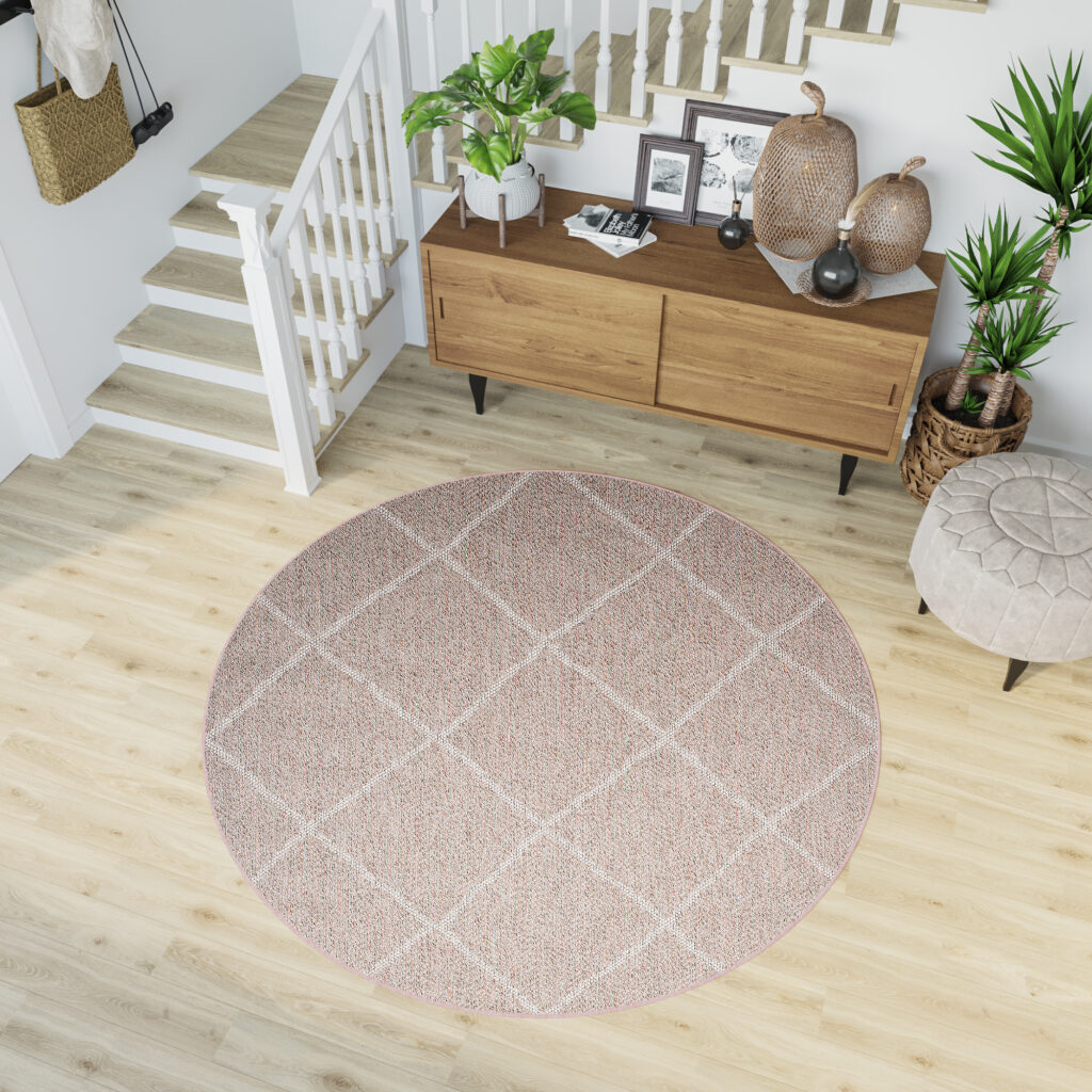 Tapis Arruba Rond Extérieur Intérieur Gris Rose Rayures Résistant