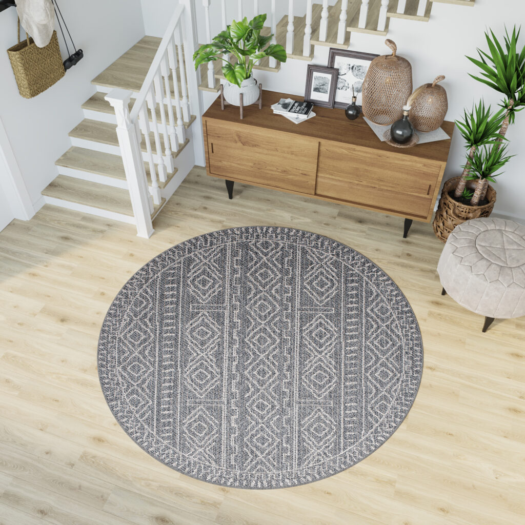 Tapis Arruba Rond Extérieur Intérieur Gris Ethnique Résistant