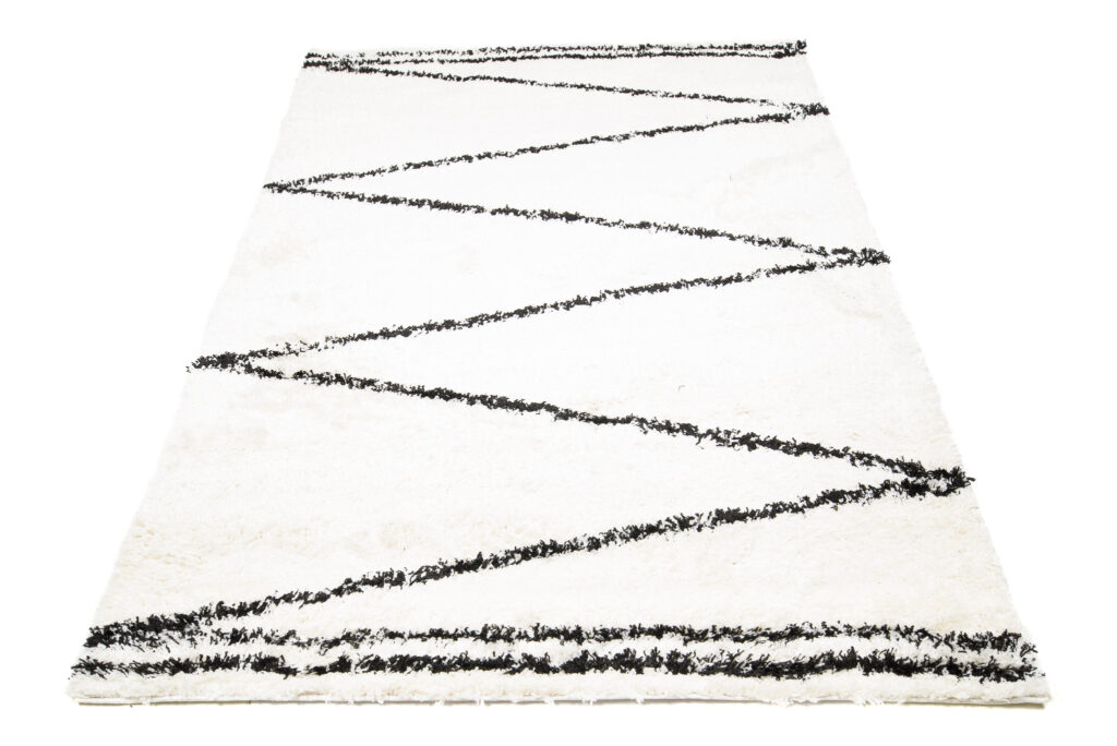 Tapis Evra Shaggy Crème Noir Rayures Moelleux