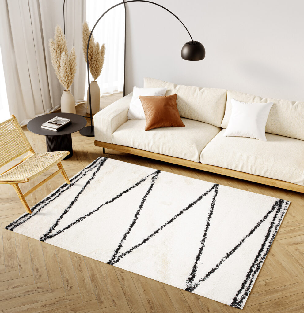 Tapis Evra Shaggy Crème Noir Rayures Moelleux