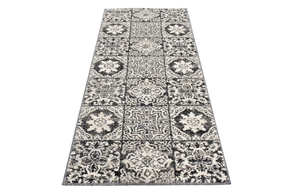 Tapis de Passage Ethno Carreaux Floral Anthracite Crème Doux