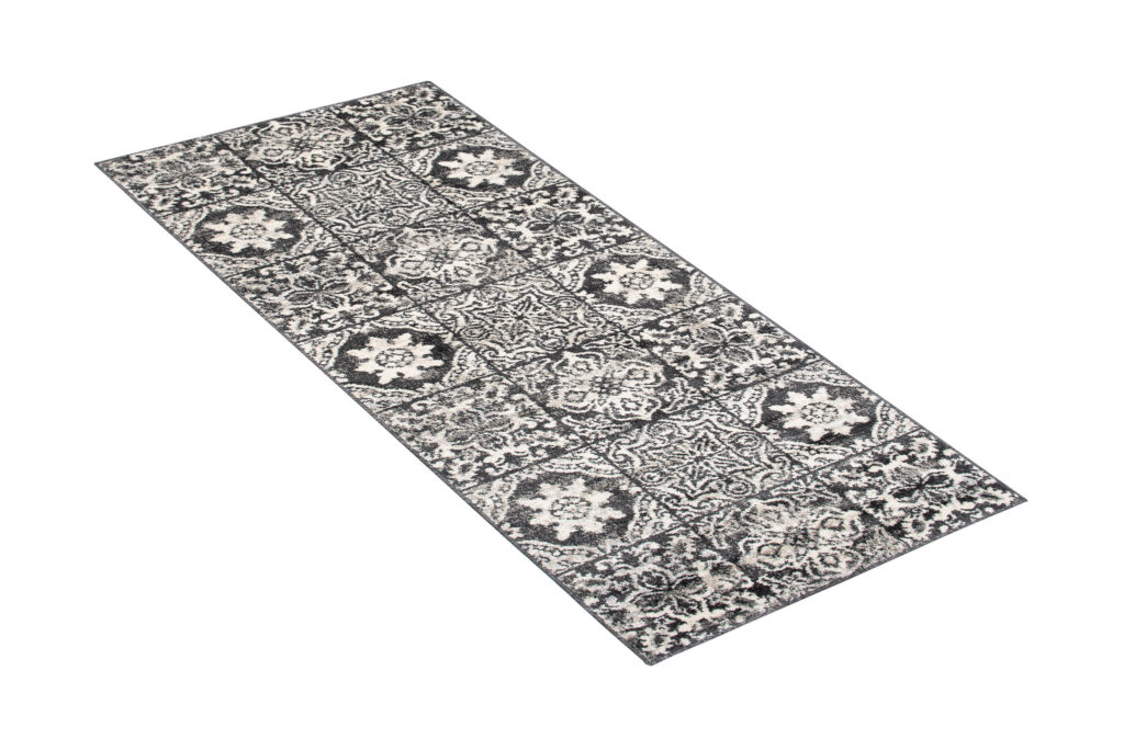 Tapis de Passage Ethno Carreaux Floral Anthracite Crème Doux