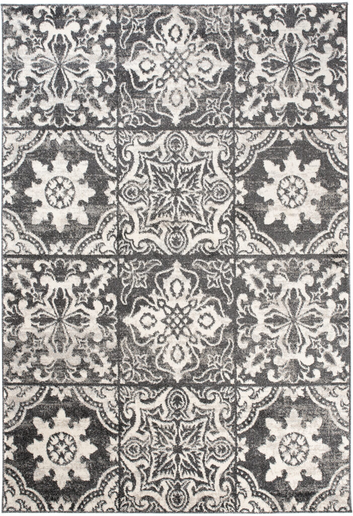 Tapis Ethno Fleures Ethnique Moucheté Gris Noir