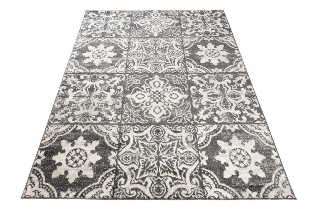 Tapis Ethno Fleures Ethnique Moucheté Gris Noir