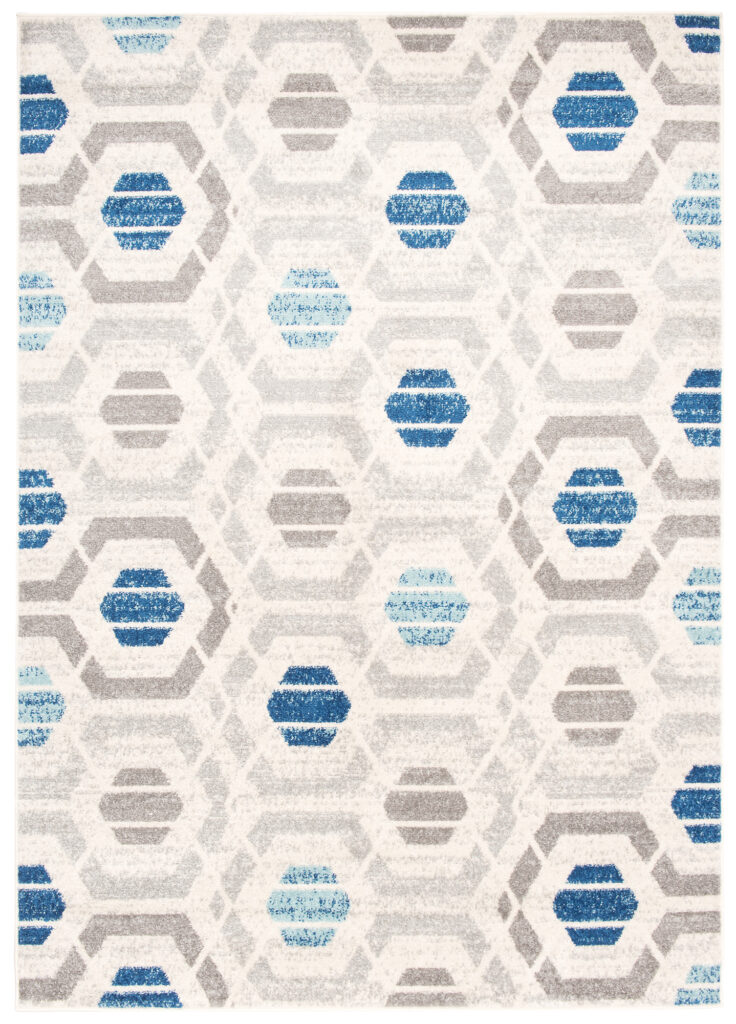 Tapis Cosmo Géométrique Hexagone Bleu Gris Crème Doux